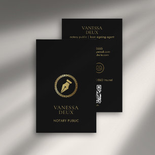 Modern Black & Gold Notary Pen QR Logo Elegant Business Card