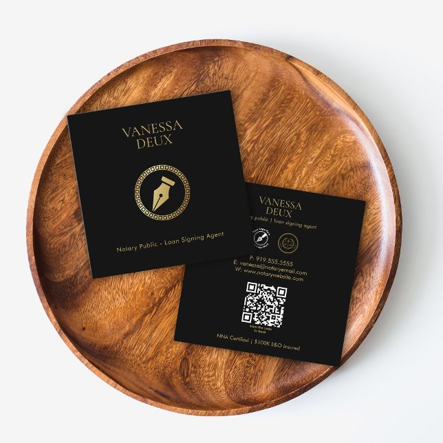 Modern Black & Gold Notary Pen QR Logo Elegant Square Business Card (Creator Uploaded)
