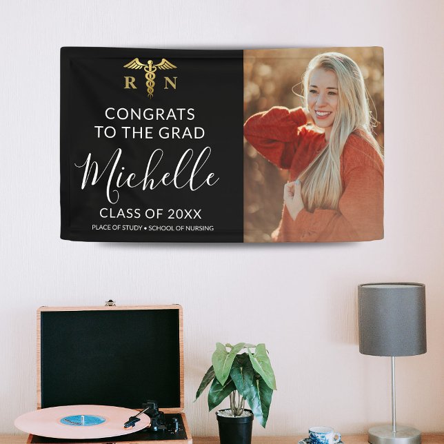 Modern Black & Gold Nurse Medical Photo Graduation Banner (Creator Uploaded)