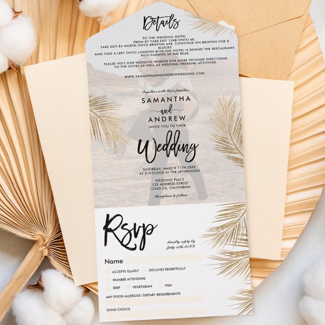 Modern black gold palm tree tropical wedding photo all in one invitation (Creator Uploaded)