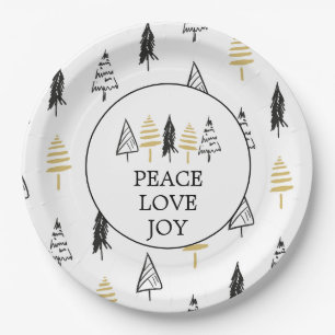 Modern Black & Gold Peace Love Joy Christmas Tree Paper Plate