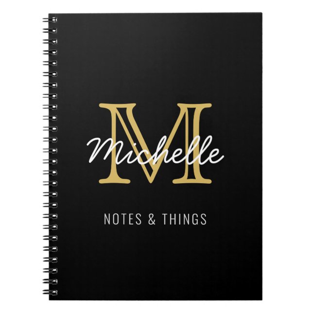 Modern Black Gold Personalised Name Monogrammed Notebook (Front)