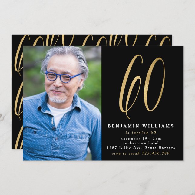 Modern Black & Gold Photo 60th Birthday Party Invitation (Front/Back)