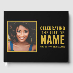Modern Black Gold Photo Celebration of Life  Guest Book