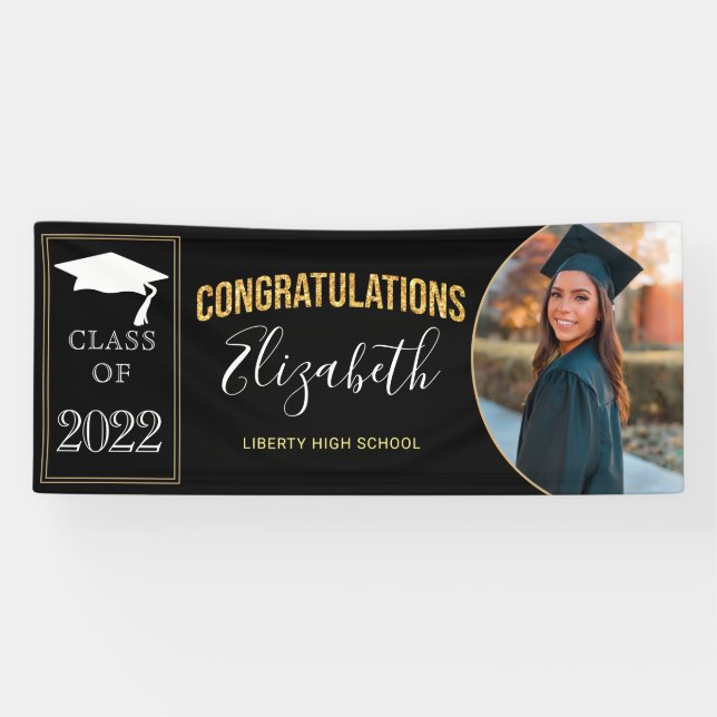 Modern Black Gold Photo Class of Graduation Banner (Horizontal)