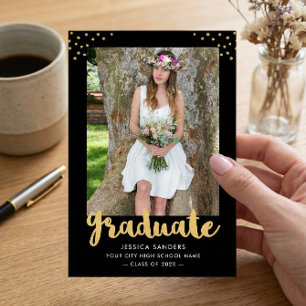 Modern Black Gold Photo Graduation Party Invitation