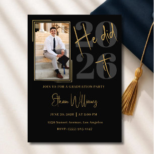 Modern Black Gold Photo Graduation Party Invitation
