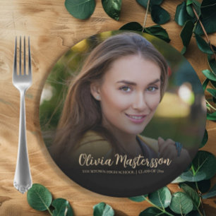 Modern Black Gold Photo Graduation Party Paper Plate