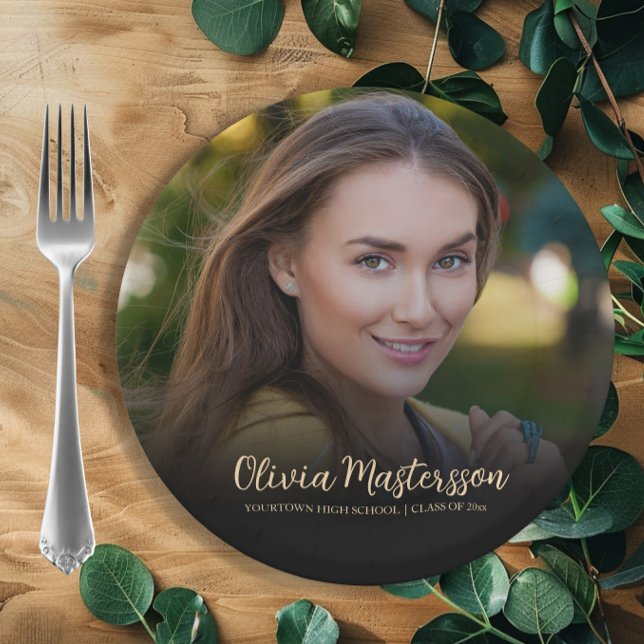 Modern Black Gold Photo Graduation Party Paper Plate (Graduation party photo paper plates.)