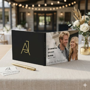 Modern Black Gold Photo Monogram Wedding Guest Book