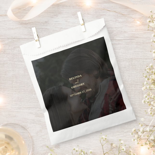 Modern Black Gold Photo Overlay Wedding Favour Bag (Clipped)
