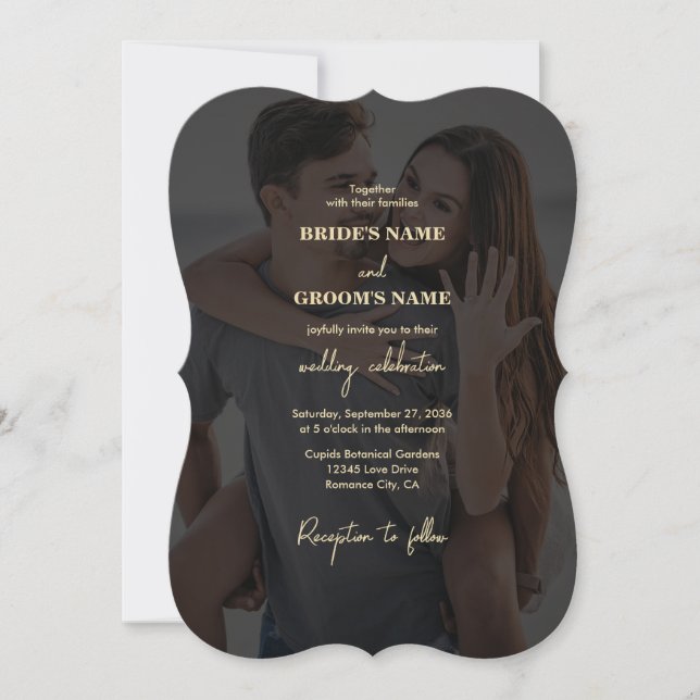 Modern Black Gold Photo Overlay Wedding Invitation (Front)