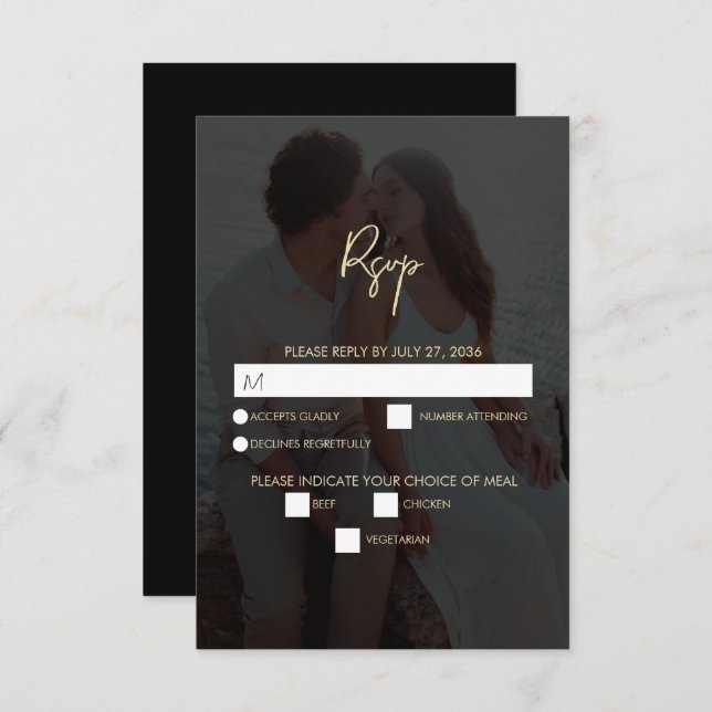 Modern Black Gold Photo Overlay Wedding RSVP Card (Front/Back)