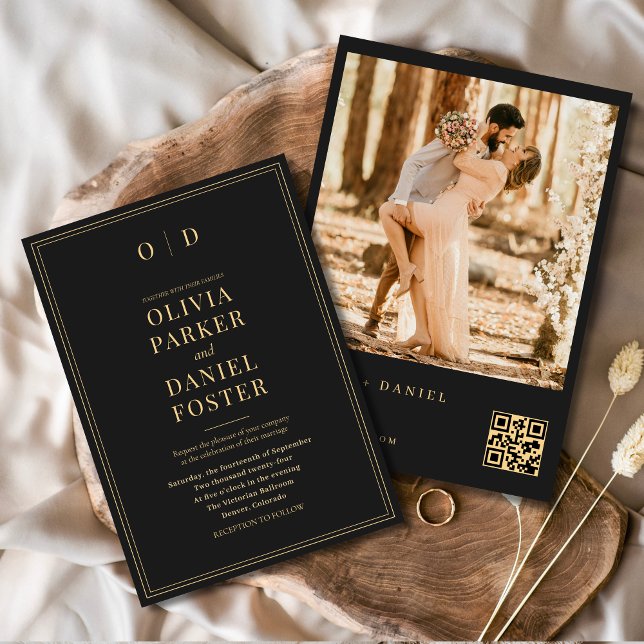 Modern Black Gold Photo QR Code Wedding Invitation (Creator Uploaded)