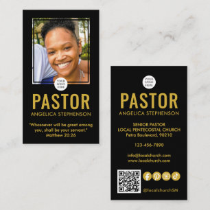 Modern Black Gold Photo QR Logo Church Pastor Business Card
