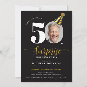 Modern Black Gold Photo Surprise 50th Birthday Invitation