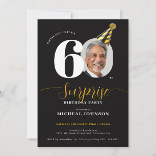 Modern Black Gold Photo Surprise 60th Birthday Invitation