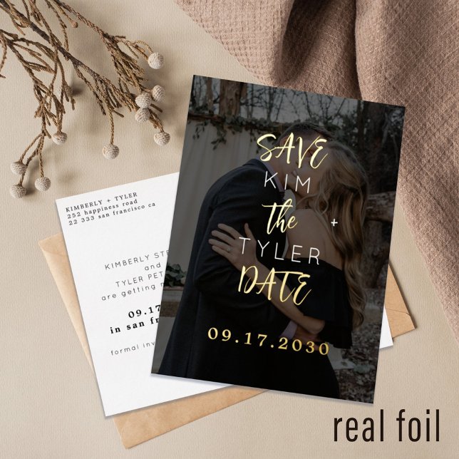 Modern black gold photo wedding save the date  foil invitation postcard (Creator Uploaded)