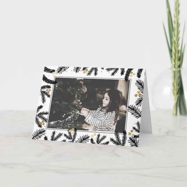 Modern Black & Gold Pine and Berries Holiday Photo Card (Front)