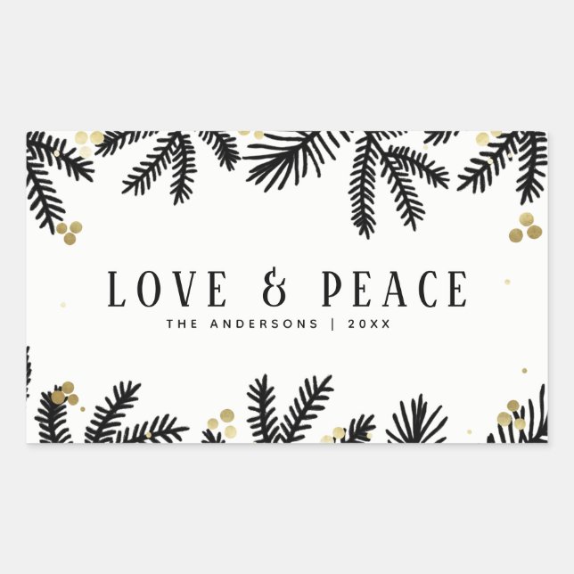 Modern Black & Gold Pine and Berries Holiday Rectangular Sticker (Front)