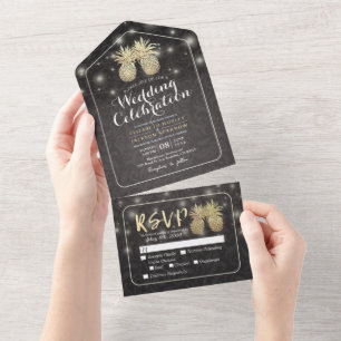 Modern Black & Gold Pineapples Couple Wedding RSVP All In One Invitation