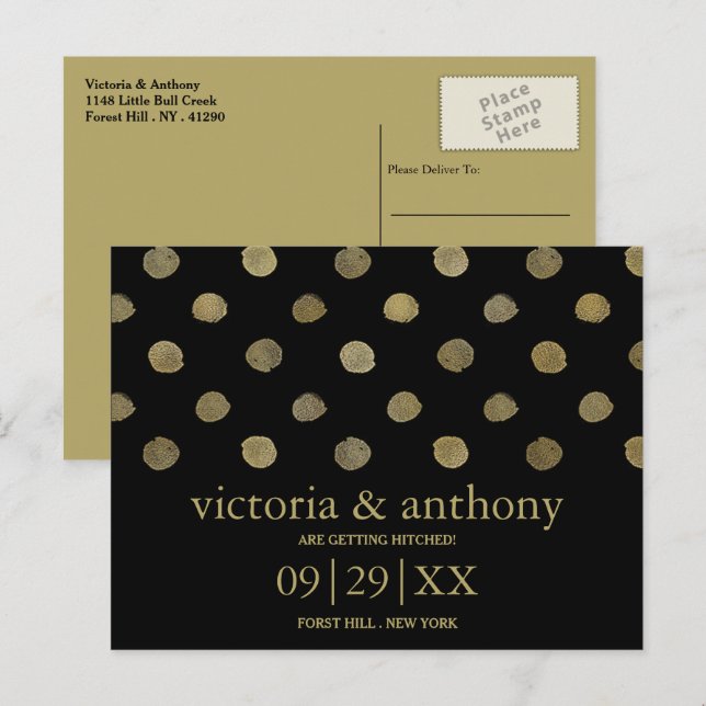 Modern Black & Gold Polka Dots Save The Date Announcement Postcard (Front/Back)