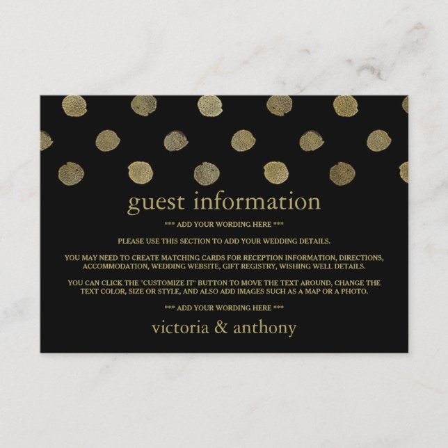 Modern Black & Gold Polka Dots Wedding Detail Enclosure Card (Front)