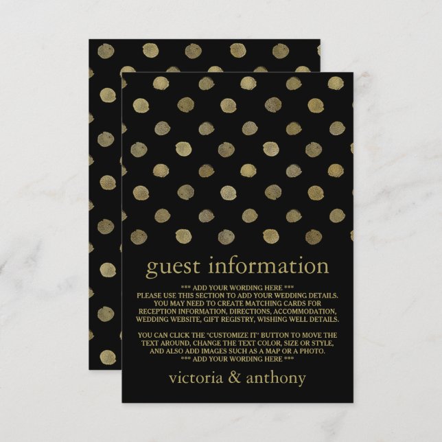 Modern Black & Gold Polka Dots Wedding Detail Enclosure Card (Front/Back)
