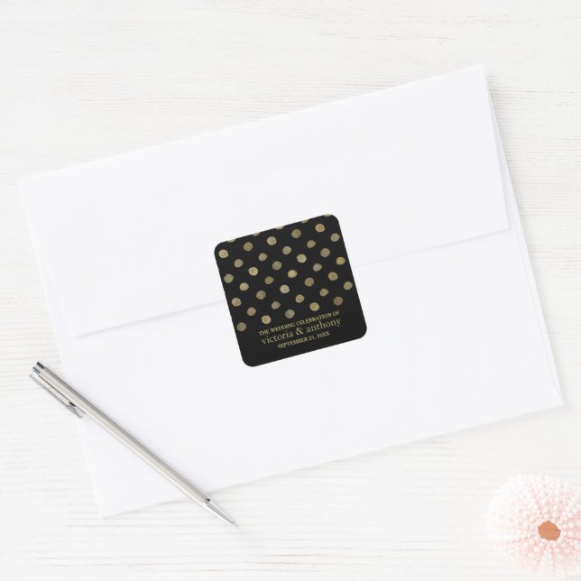Modern Black & Gold Polka Dots Wedding Favour Square Sticker (Envelope)