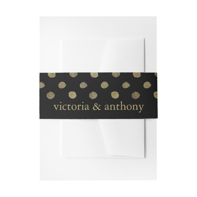 Modern Black & Gold Polka Dots Wedding Invitation Belly Band (Front Example)
