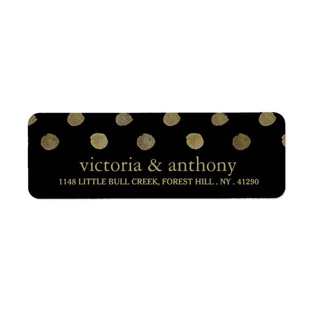 Modern Black & Gold Polka Dots Wedding Return Address Label (Front)