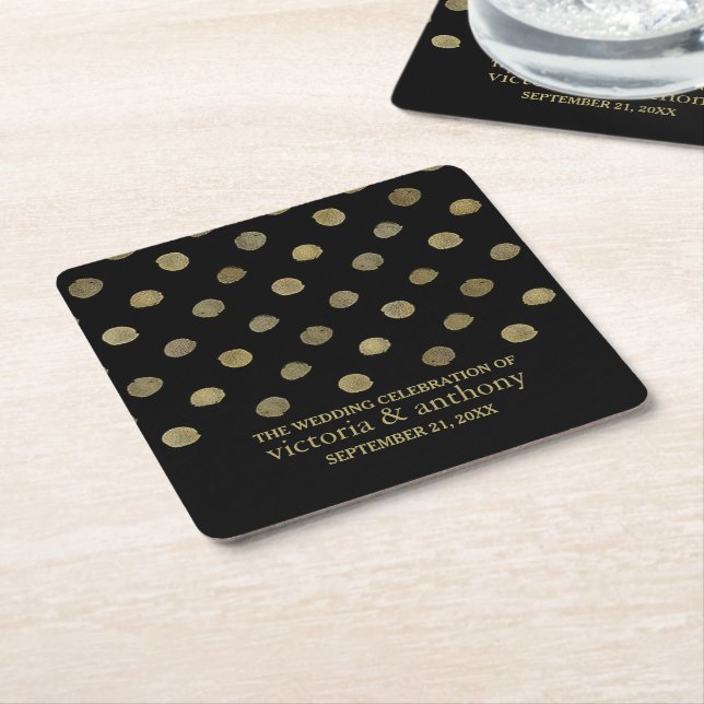 Modern Black & Gold Polka Dots Wedding Square Paper Coaster (Angled)