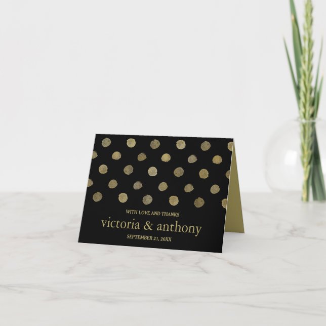 Modern Black & Gold Polka Dots Wedding Thank You (Front)
