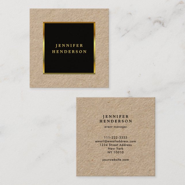Modern black gold professional rustic kraft square business card (Front/Back)