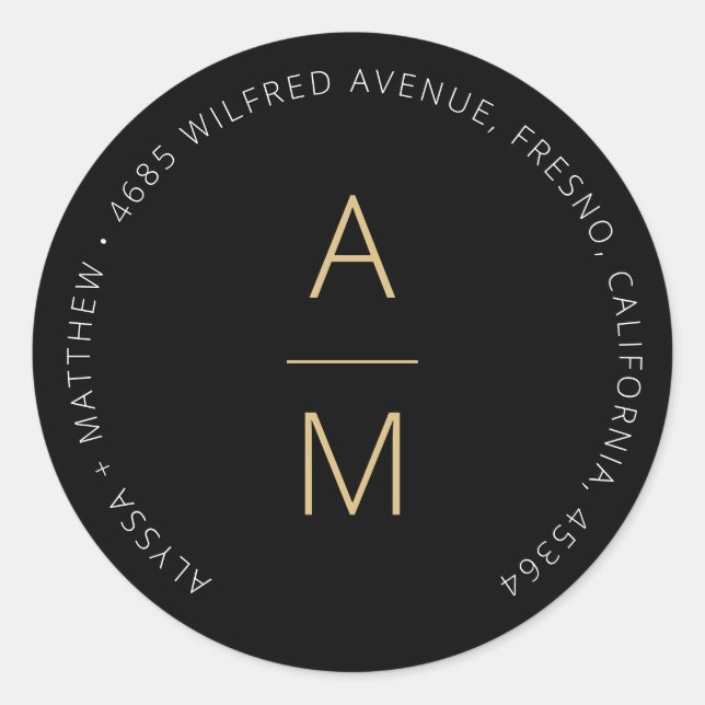 Modern Black + Gold Return Address Classic Round Sticker (Front)