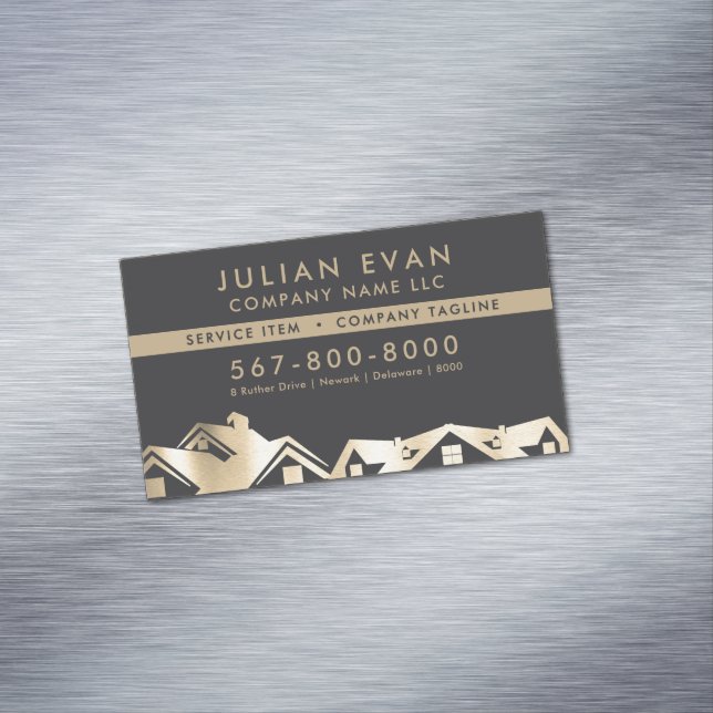 Modern Black & Gold Roofing Handyman Repair Magnetic Business Card (In Situ)