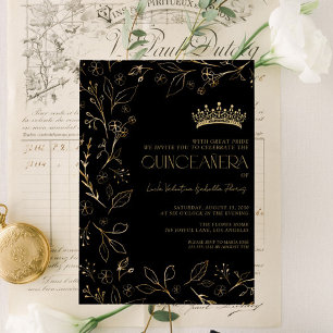 Modern Black Gold Rose Floral Tiara Quinceañera Invitation