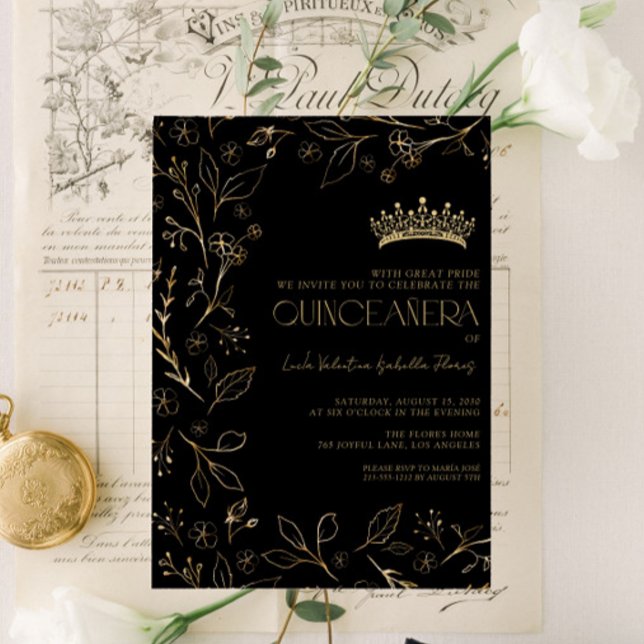 Modern Black Gold Rose Floral Tiara Quinceañera Invitation (Creator Uploaded)
