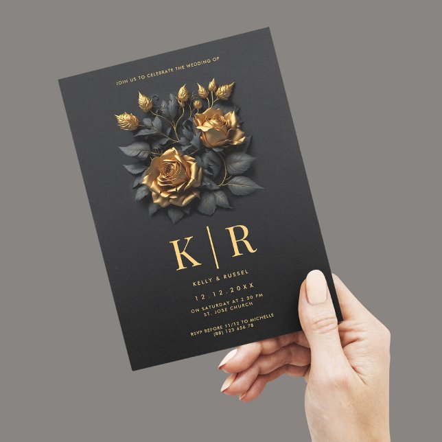 Modern Black Gold Roses Gothic Wedding Invitation (Creator Uploaded)