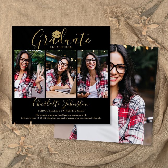 Modern Black Gold Script 4 Photo Graduation Party Invitation (Black Gold Script 4 Photo Graduation Announcement)