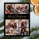 Modern Black Gold Script 5 Photo Collage Christmas Holiday Card<br><div class="desc">Modern Elegant Simple Calligraphy Black and Gold 5 Photo Collage Merry Christmas Script Holiday Card. This festive minimalist five (5) photo holiday greeting card template features a pretty grid photo collage and says „Merry Christmas”! The „Merry Christmas” greeting text is written in a whimsical beautiful hand lettered swirly swash-tail font...</div>