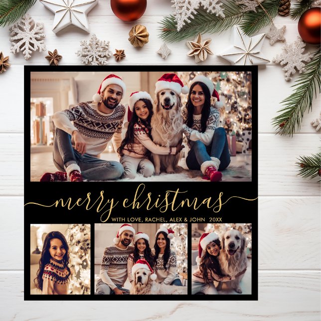 Modern Black Gold Script 5 Photo Collage Christmas Holiday Card (Creator Uploaded)