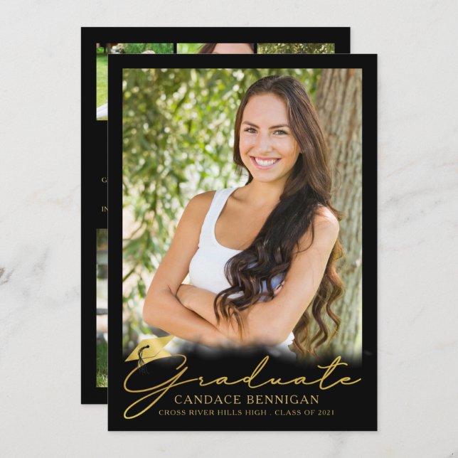 Modern Black Gold Script 5 Photo Graduation Announcement (Front/Back)