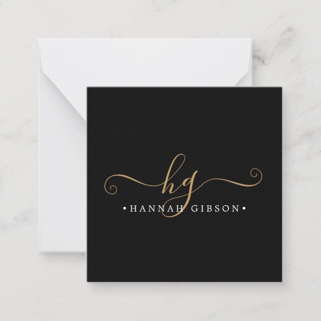 Modern Black Gold Script Initials Monogram Minimal Card (Front)