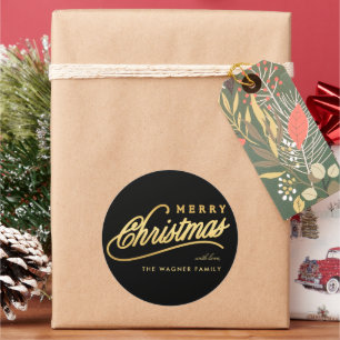 Modern Black & Gold Script Merry Christmas Classic Round Sticker