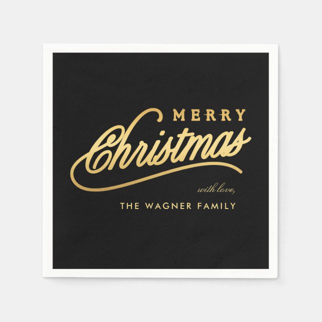 Modern Black & Gold Script Merry Christmas Napkin (Front)