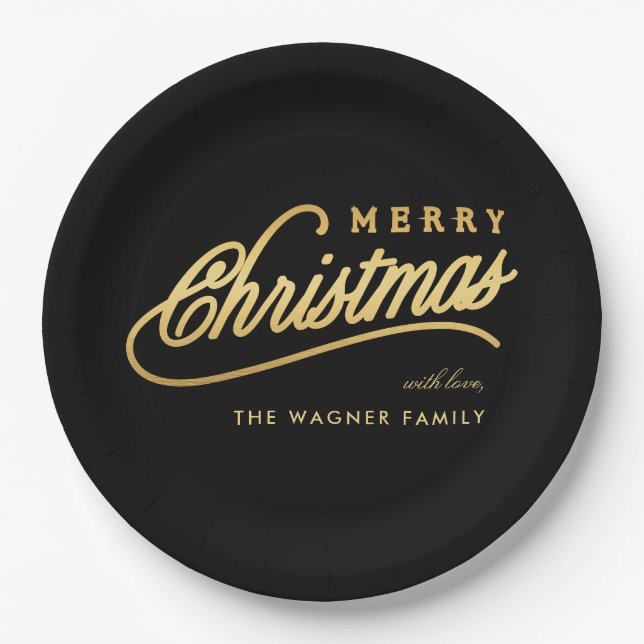 Modern Black & Gold Script Merry Christmas Paper Plate (Front)