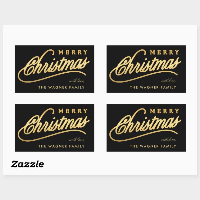 Modern Black & Gold Script Merry Christmas Rectangular Sticker (Sheet)