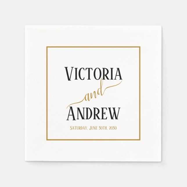 Modern Black Gold Script Minimal Wedding Napkin (Front)
