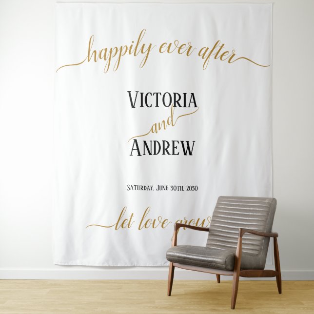 Modern Black Gold Script Minimal Wedding Tapestry (In Situ)